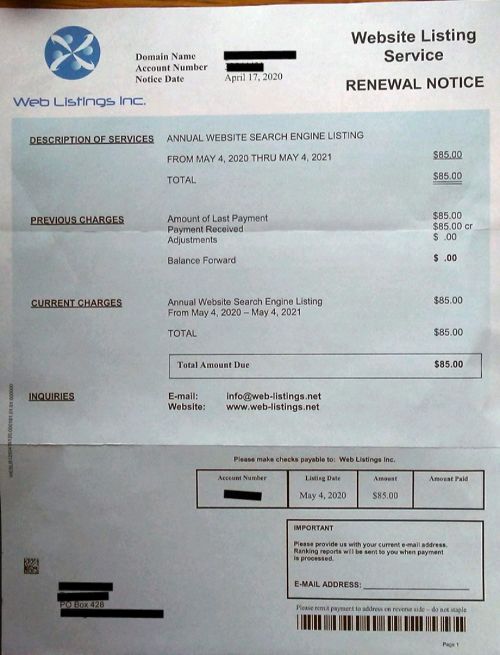 Web Listings Inc website listing service renewal notice